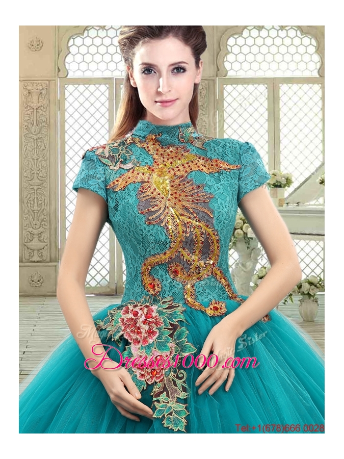 Luxurious High Neck Appliques Sweet 16 Dresses with Short Sleeves