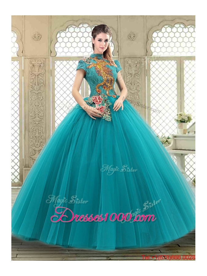 Luxurious High Neck Appliques Sweet 16 Dresses with Short Sleeves