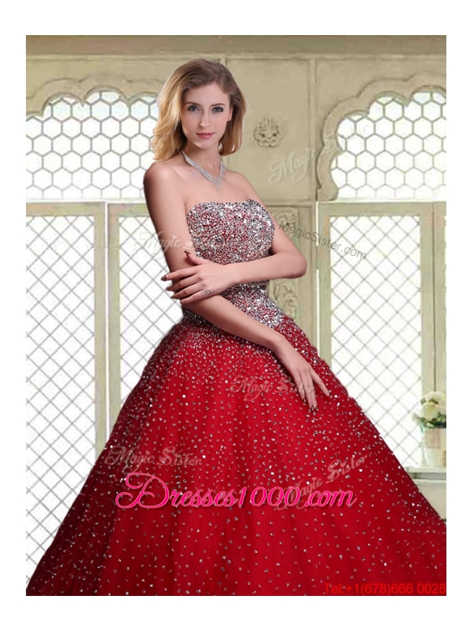 Luxurious Strapless Beading Quinceanera Dresses in Wine Red