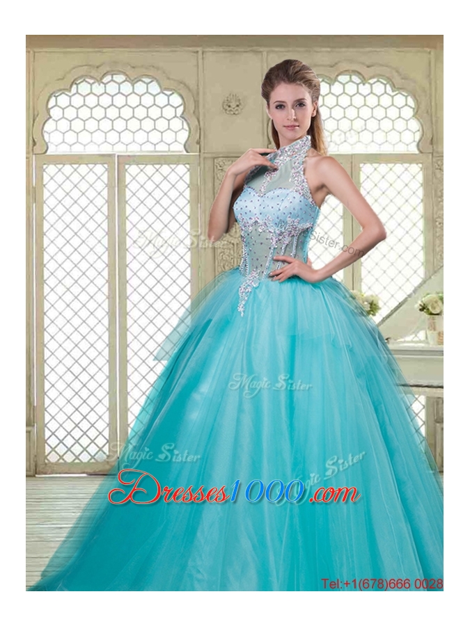 Popular Halter Top Quinceanera Dresses with Brush Train