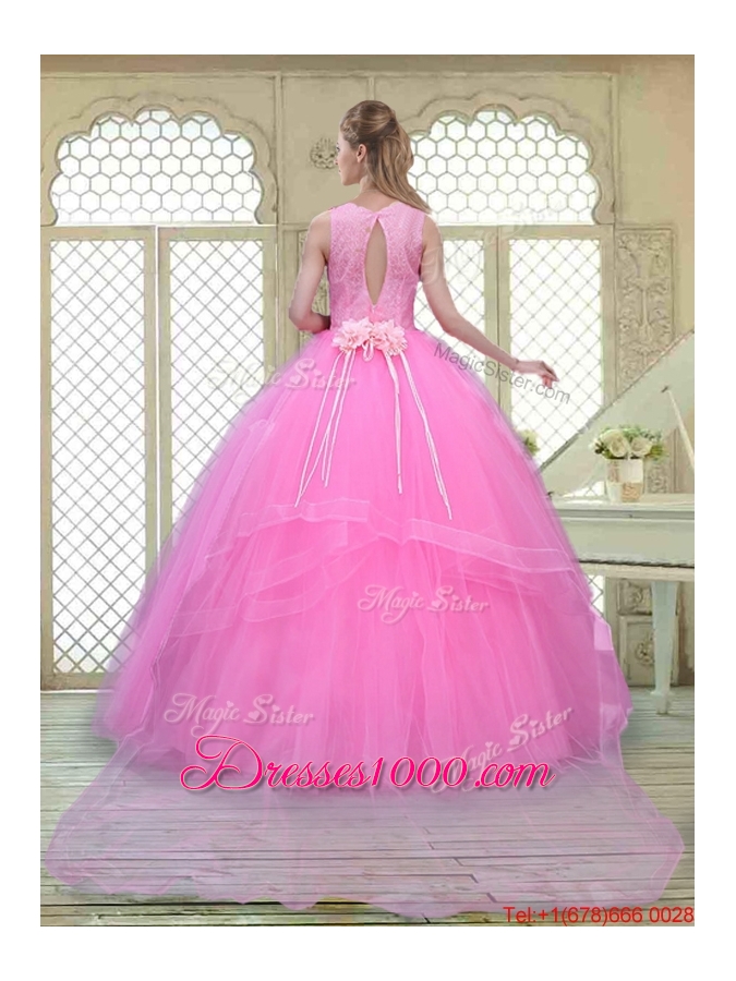 Popular Scoop Hand Made Flowers Sweet 16 Dresses with Brush Train