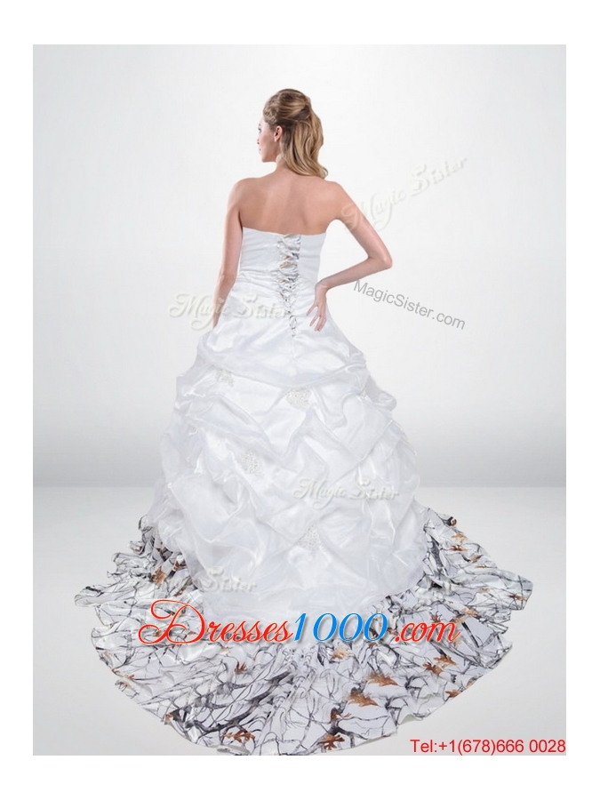 2015 Perfect Strapless Court Train Camo Wedding Dresses with Ruching