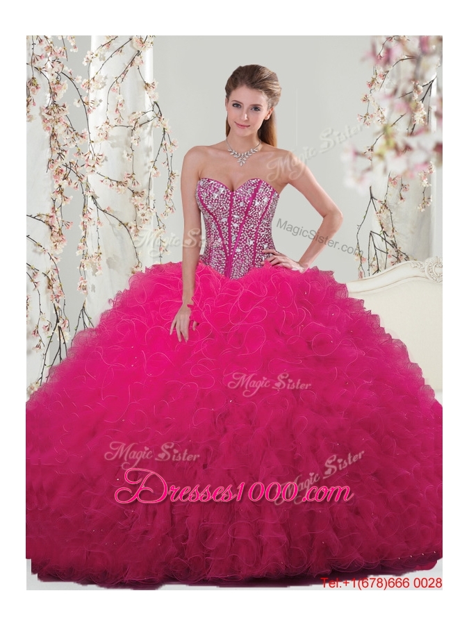 2015 Winter Classical Ball Gown Beaded and Ruffles Macthing Sister Dresses in Hot Pink