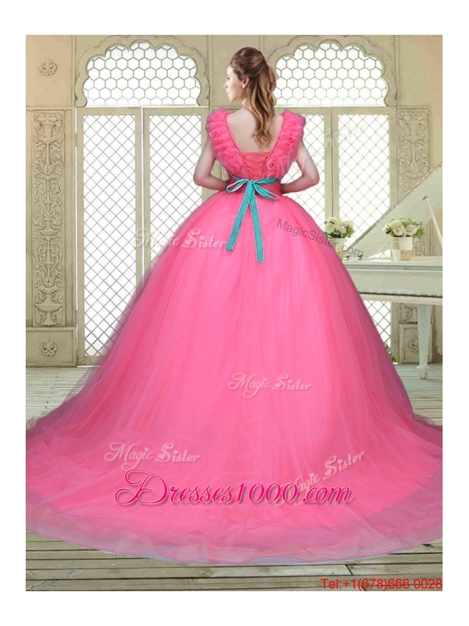 Fashionable Brush Train Quinceanera Dresses in Hot Pink