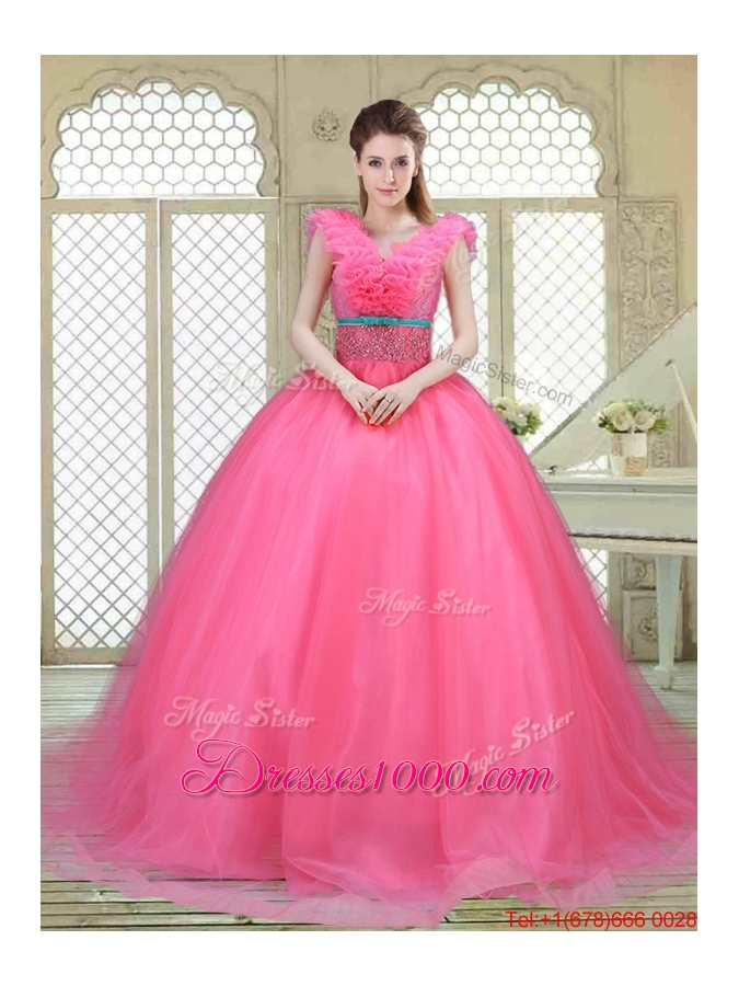 Fashionable Brush Train Quinceanera Dresses in Hot Pink