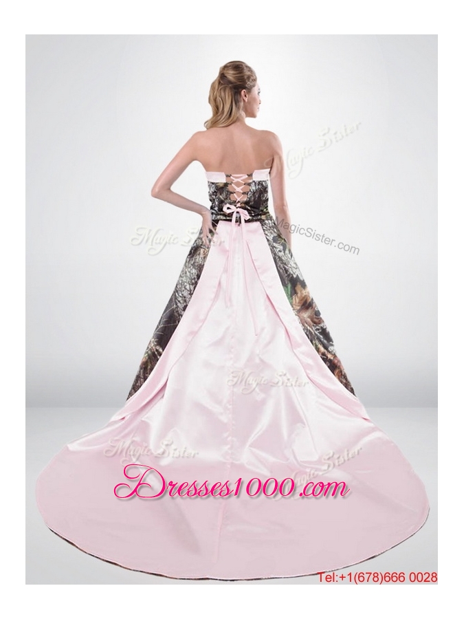 Perfect adn Beautiful Strapless Chapel Train Camo Wedding Dresses in Multi Color