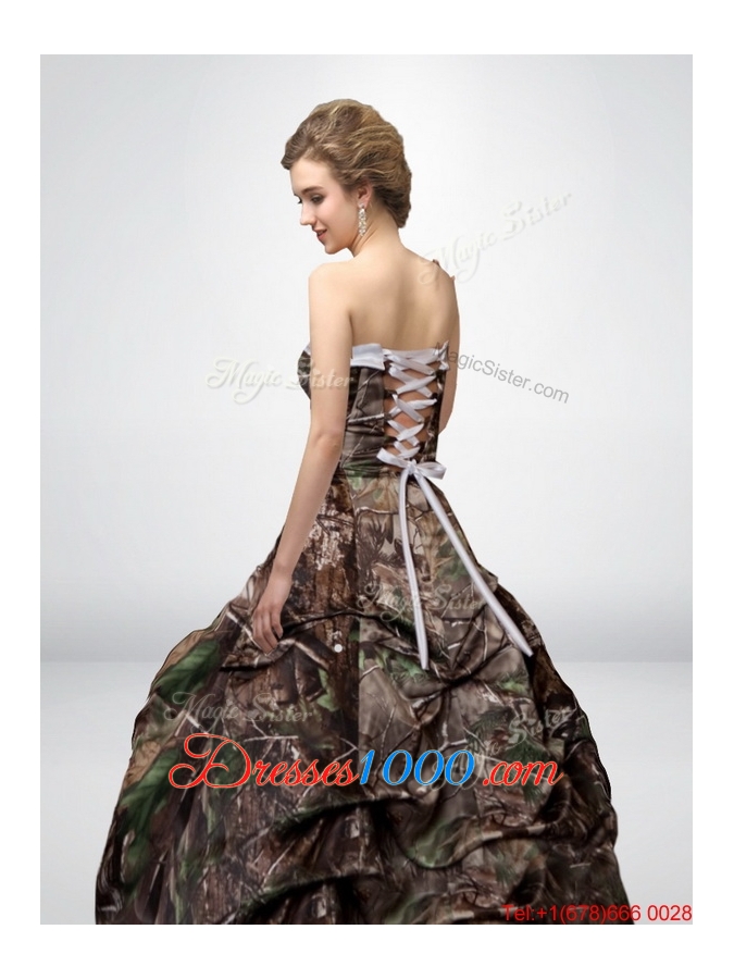 Perfect and Elegant A Line Strapless Camo Wedding Dresses with Court Train