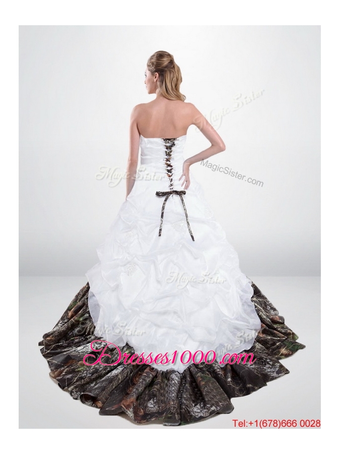 Perfect and Elegant Lace Up Beaded Camo Wedding Dresses with Chapel Train