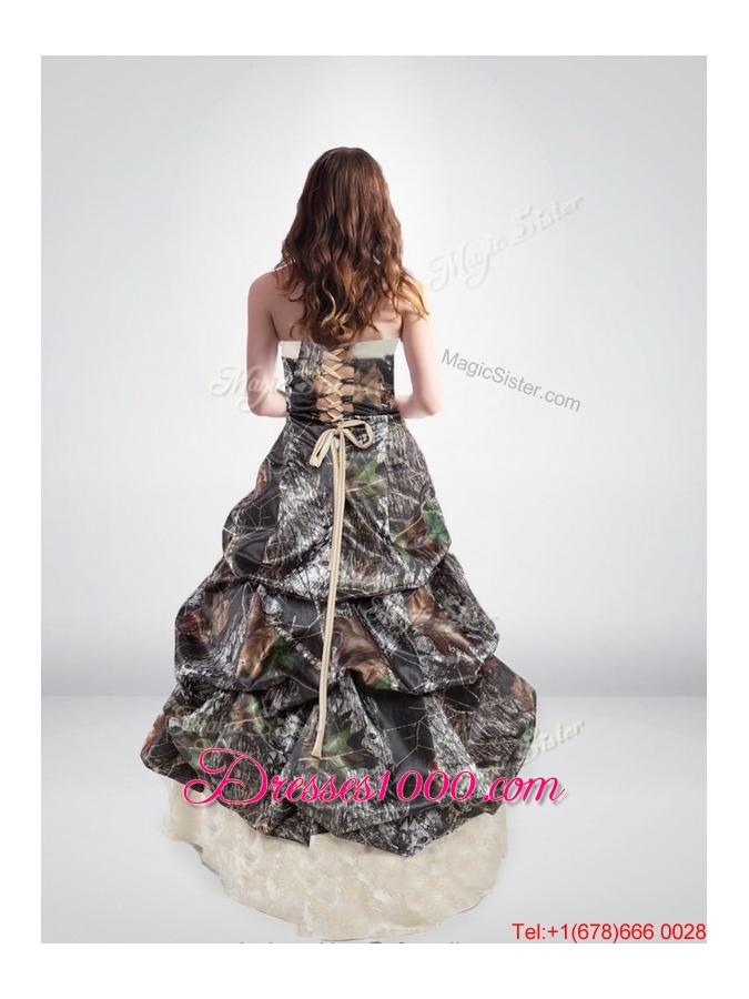 Perfect and Elegant Strapless Brush Train Camo Wedding Dresses with Pick Ups