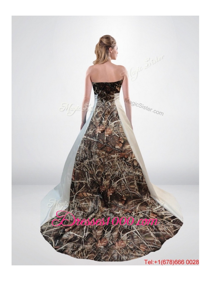 Perfect and Romantic A Line Strapless Camo Wedding Dresses with Chapel Train