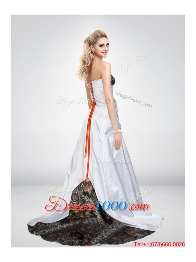 Perfect Pink A Line Strapless Fashionable Camo Wedding Dresses with Hand Made Flower