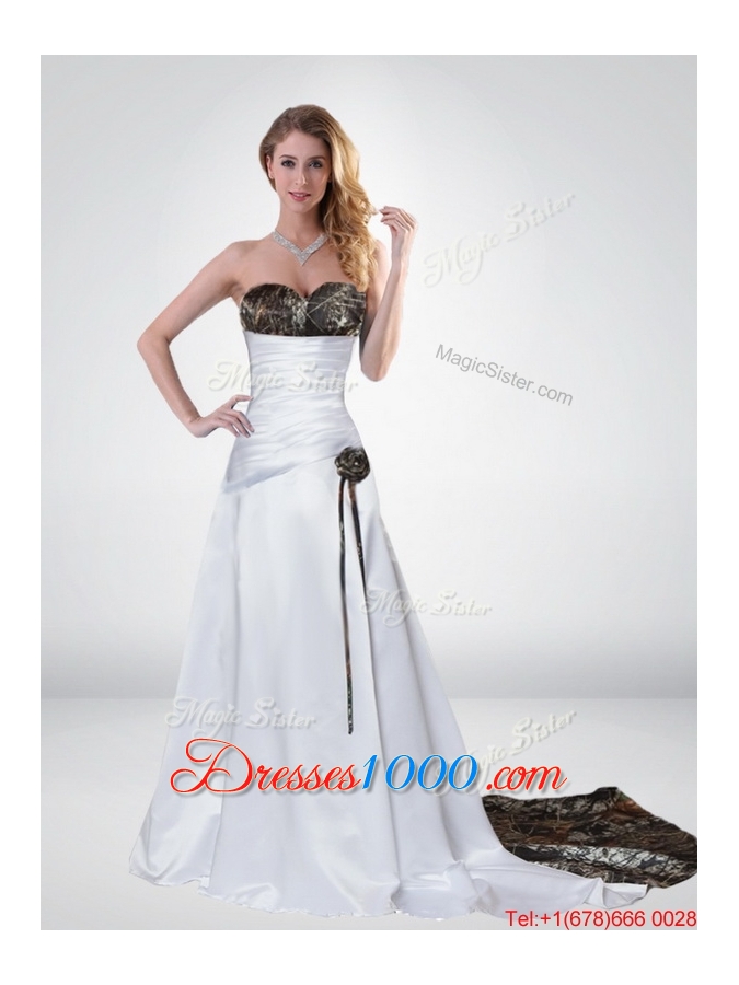 Perfect Pink A Line Strapless Fashionable Camo Wedding Dresses with Hand Made Flower