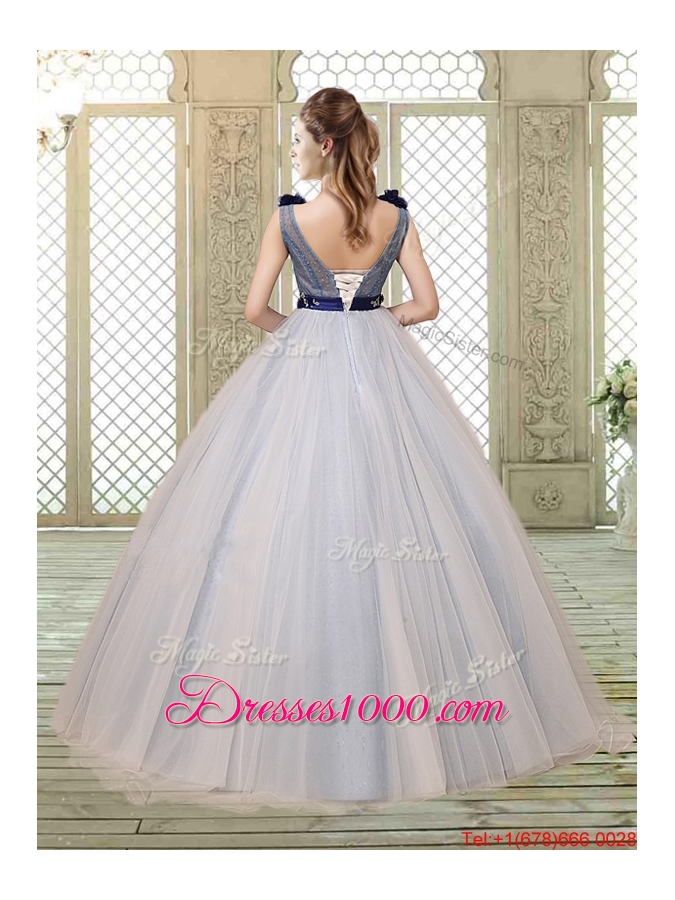 Pretty Champagne Straps Quinceanera Gowns with Belt and Appliques