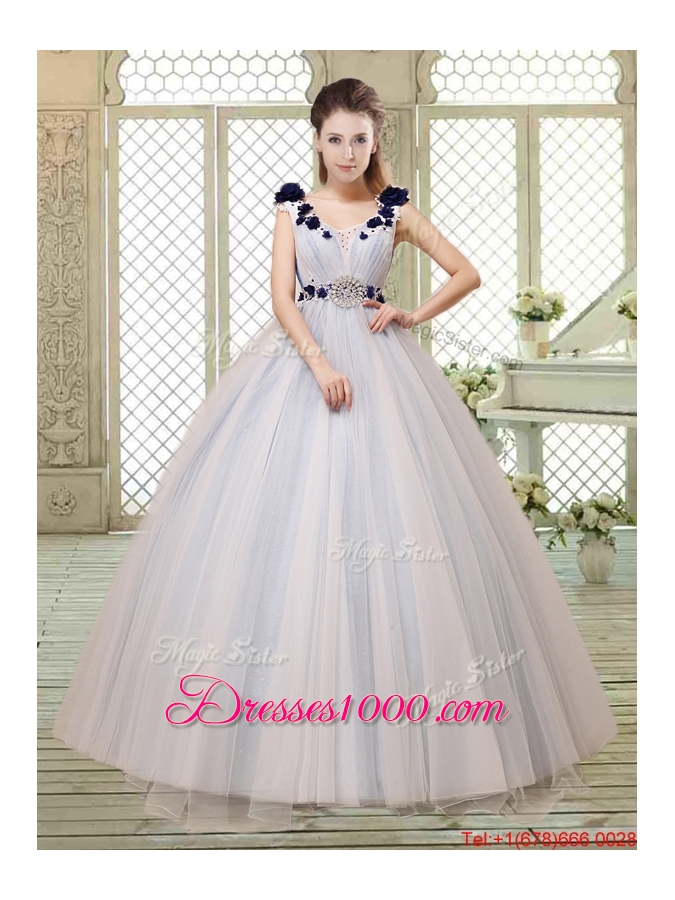 Pretty Champagne Straps Quinceanera Gowns with Belt and Appliques