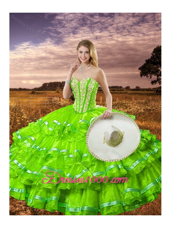 Hot Sale Spring Green Detachable Sweet 16 Dresses with Beading and Ruffled Layers