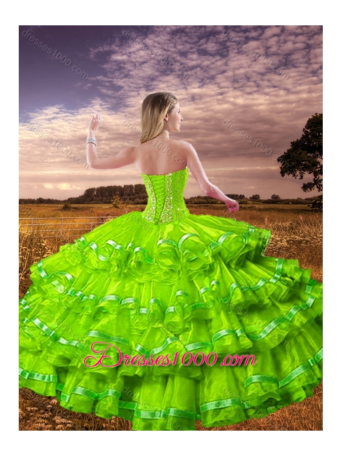 Hot Sale Spring Green Detachable Sweet 16 Dresses with Beading and Ruffled Layers