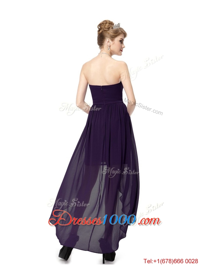 2016 Cheap High Low Sweetheart Purple Prom Dresses with Ruching