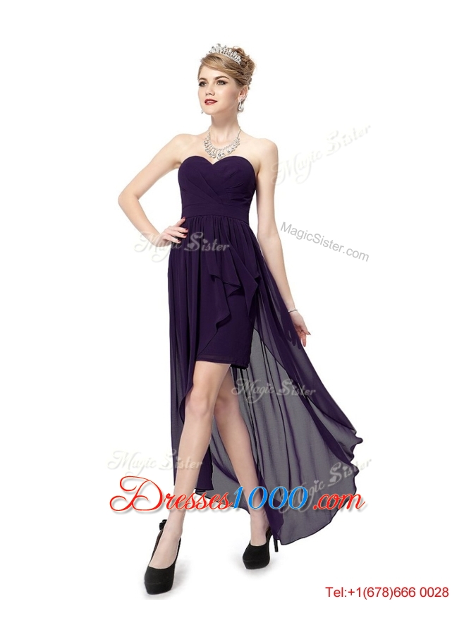 2016 Cheap High Low Sweetheart Purple Prom Dresses with Ruching