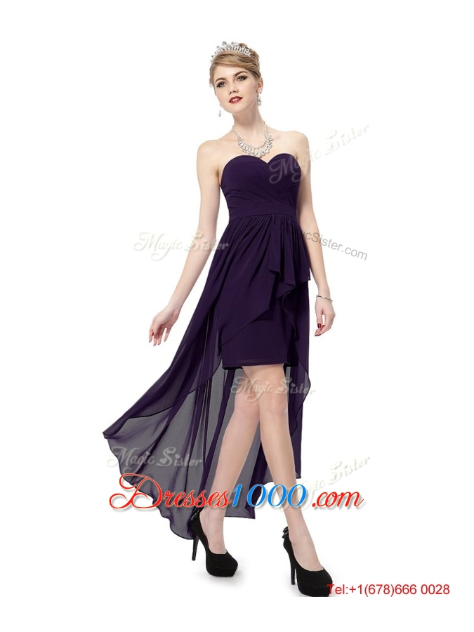 2016 Cheap High Low Sweetheart Purple Prom Dresses with Ruching