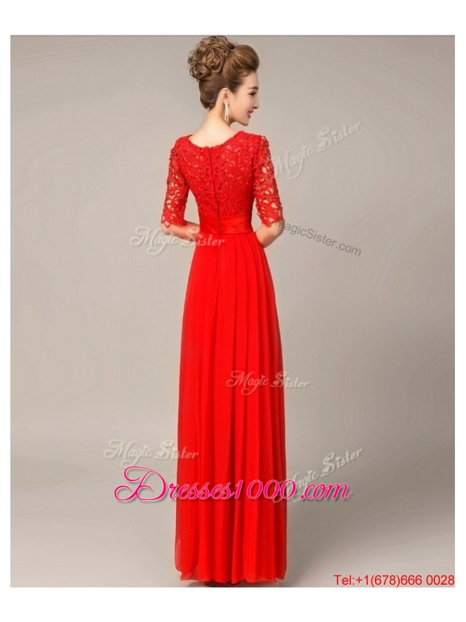 2016 Fashionable Scoop Laced Red Prom Dresses with Half Sleeves