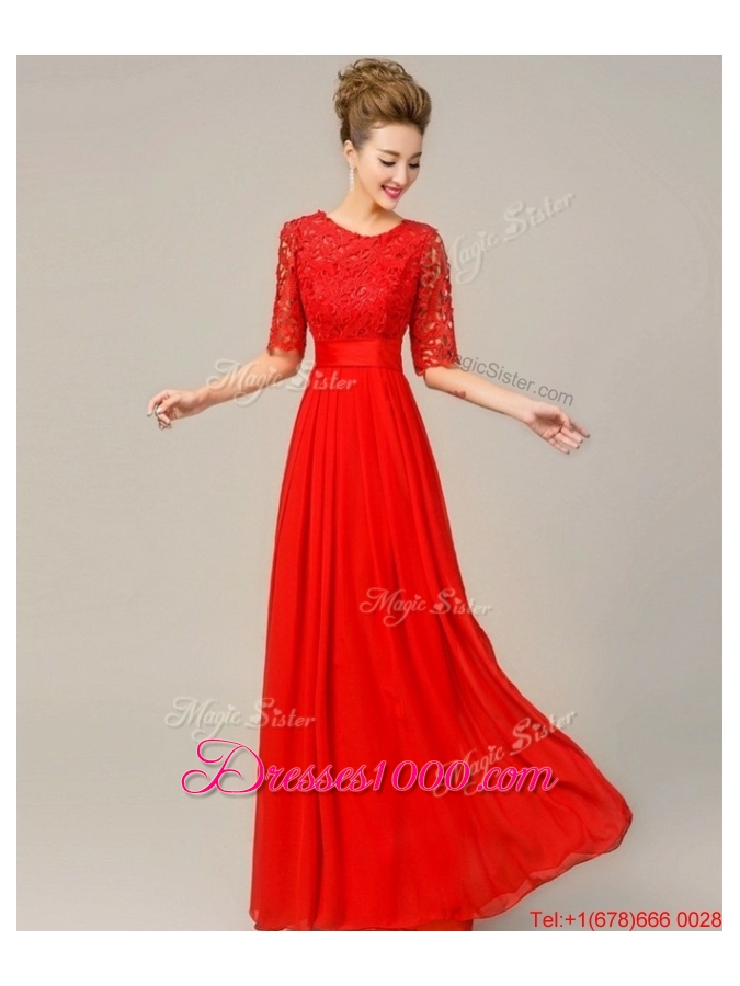 2016 Fashionable Scoop Laced Red Prom Dresses with Half Sleeves
