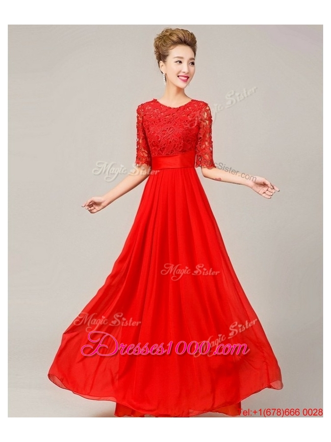 2016 Fashionable Scoop Laced Red Prom Dresses with Half Sleeves