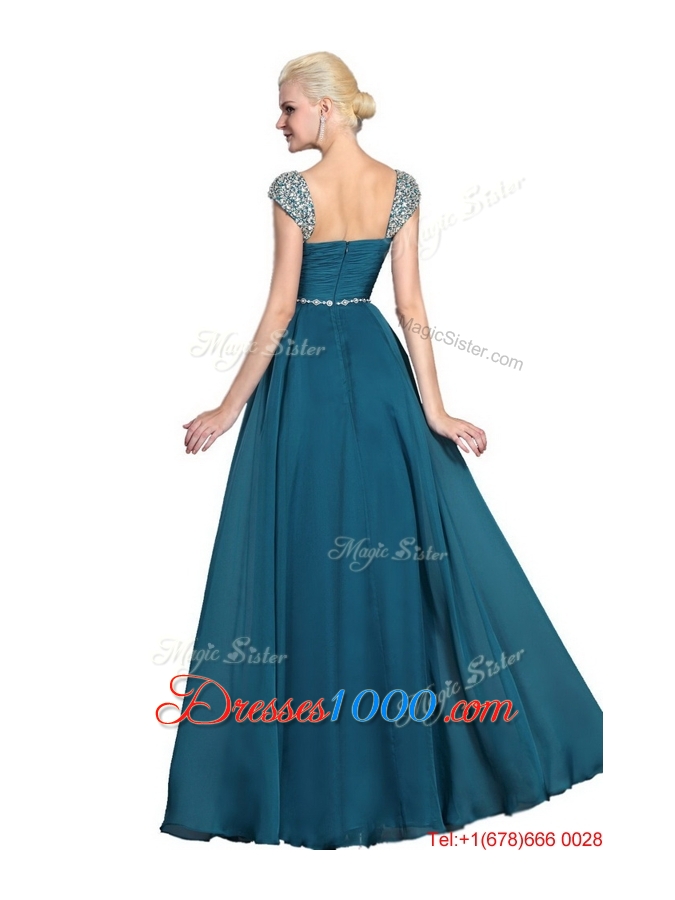 2016 Gorgeous Beaded Teal Cap Sleeves Prom Dresses with Straps