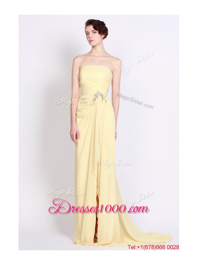 Beautiful Strapless Beaded and High Slit Prom Dresses in Yellow