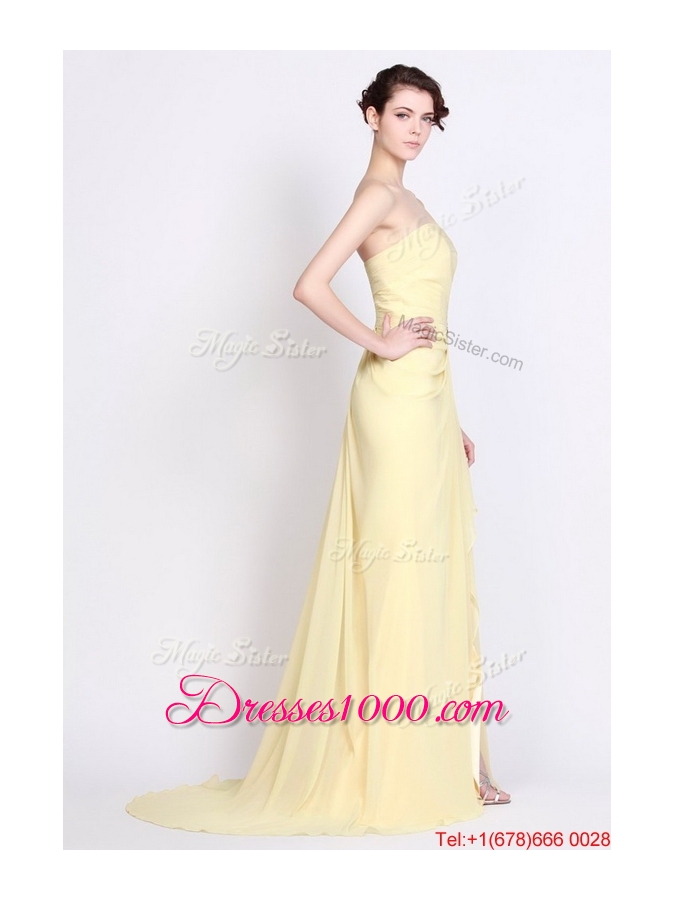 Beautiful Strapless Beaded and High Slit Prom Dresses in Yellow