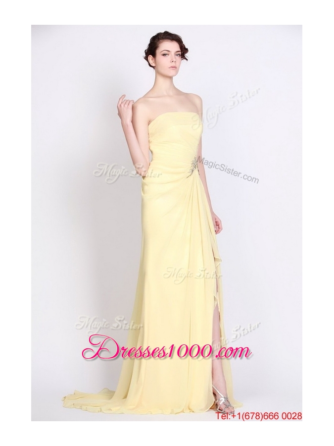 Beautiful Strapless Beaded and High Slit Prom Dresses in Yellow