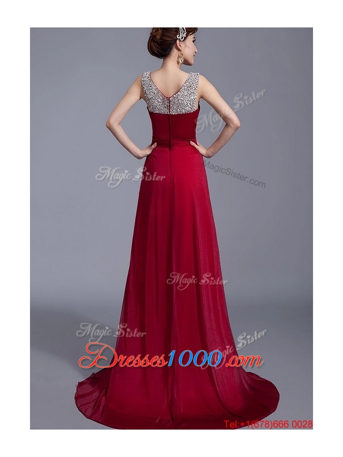 Cheap Brush Train Scoop Zipper Up Prom Dresses in Wine Red