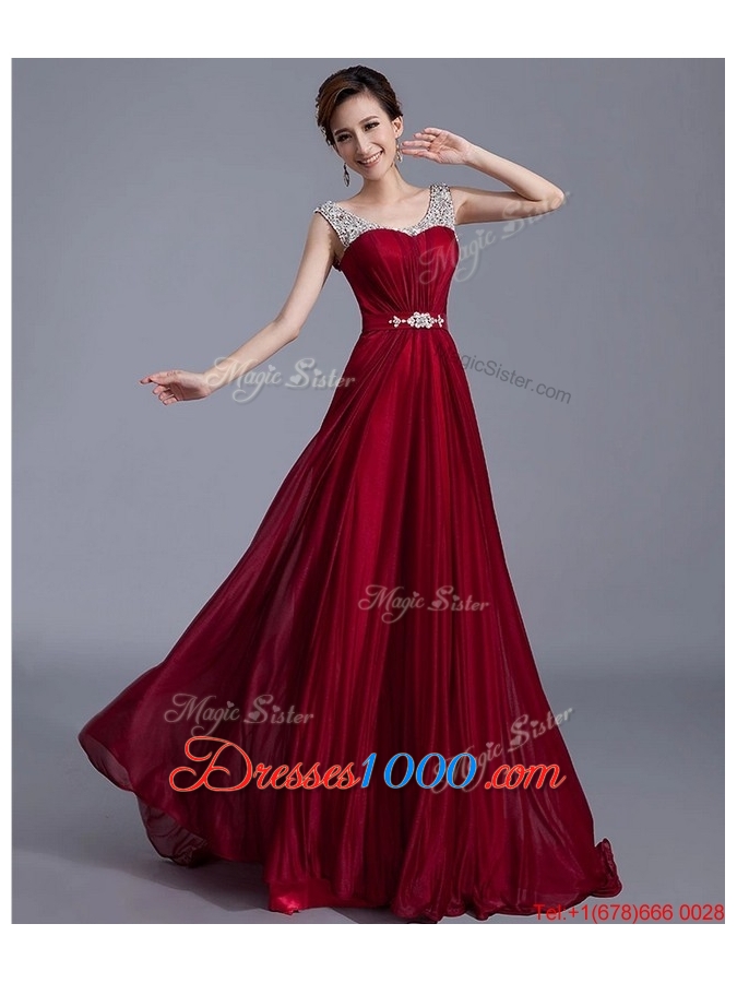 Cheap Brush Train Scoop Zipper Up Prom Dresses in Wine Red