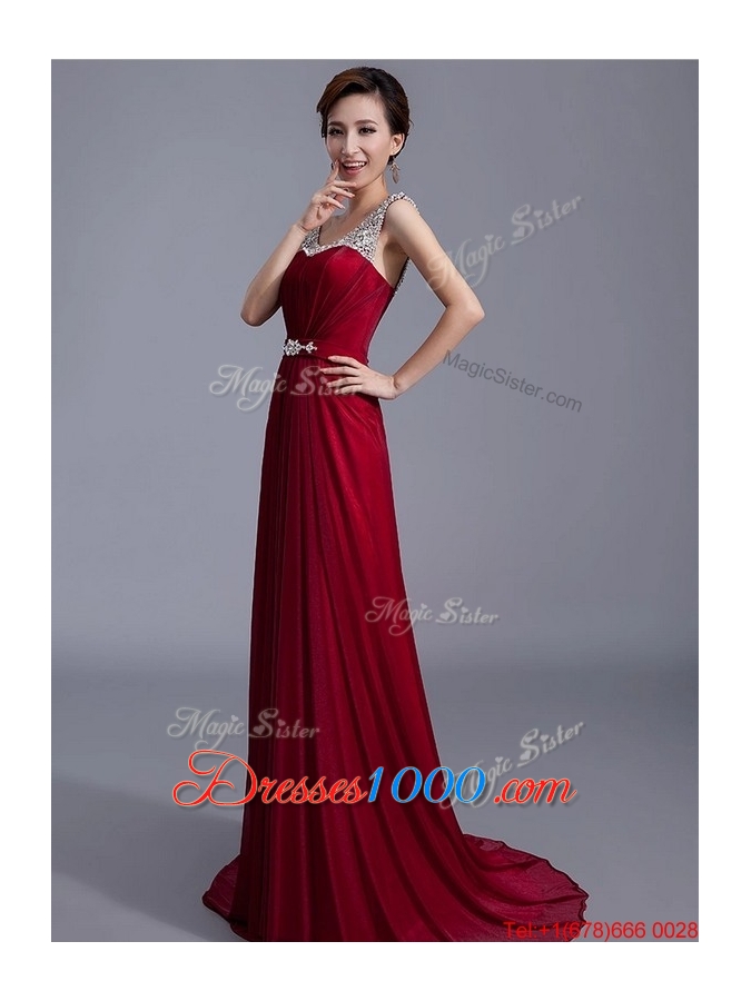 Cheap Brush Train Scoop Zipper Up Prom Dresses in Wine Red