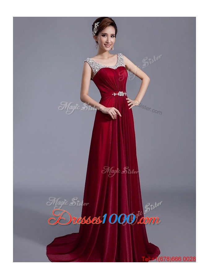 Cheap Brush Train Scoop Zipper Up Prom Dresses in Wine Red