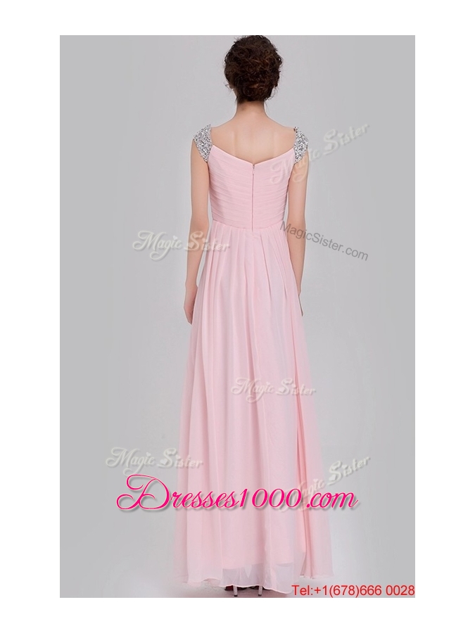 Elegant Empire Off The Shoulder Cap Sleeves Pink Prom Dresses with Beading