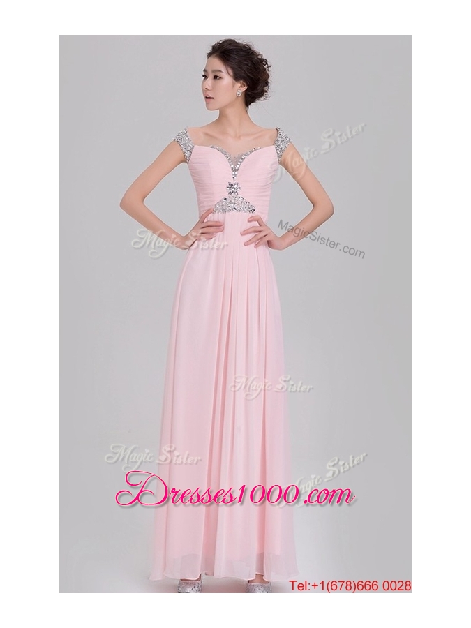 Elegant Empire Off The Shoulder Cap Sleeves Pink Prom Dresses with Beading