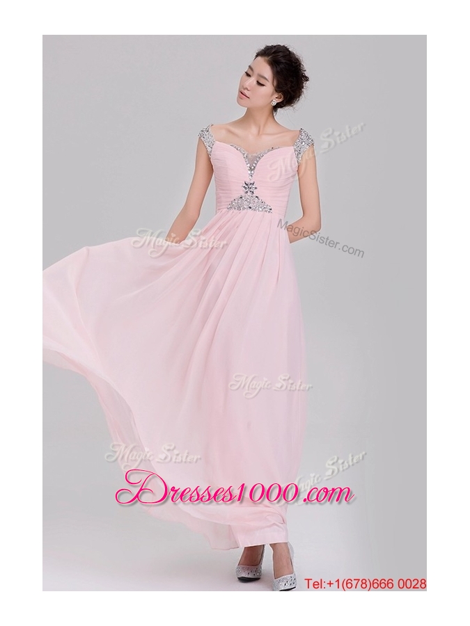 Elegant Empire Off The Shoulder Cap Sleeves Pink Prom Dresses with Beading