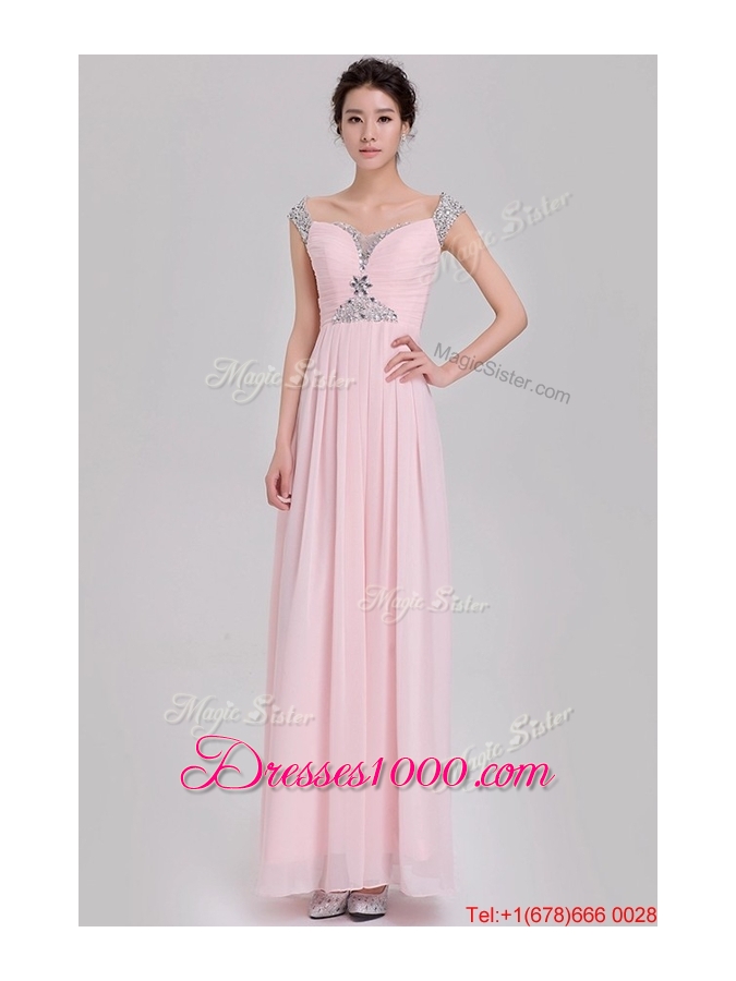 Elegant Empire Off The Shoulder Cap Sleeves Pink Prom Dresses with Beading