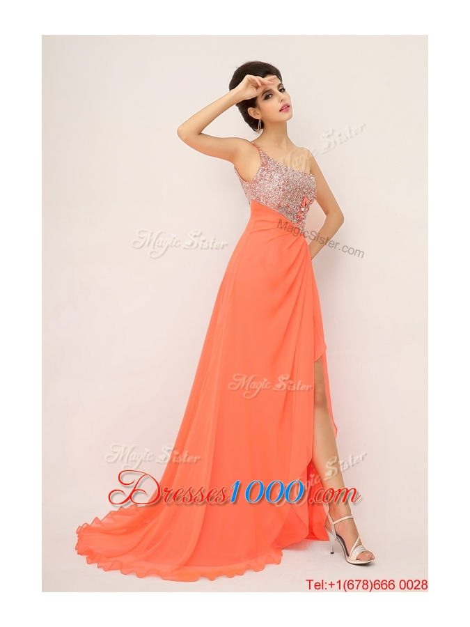 New Arrivals One Shoulder Prom Dresses with High Slit and Sequins