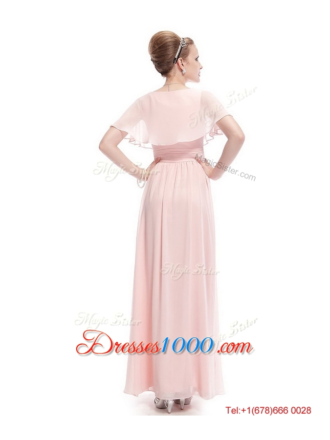 New Style V Neck Beaded Prom Dresses with Short Sleeves