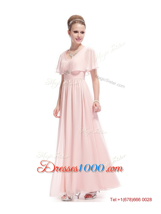 New Style V Neck Beaded Prom Dresses with Short Sleeves