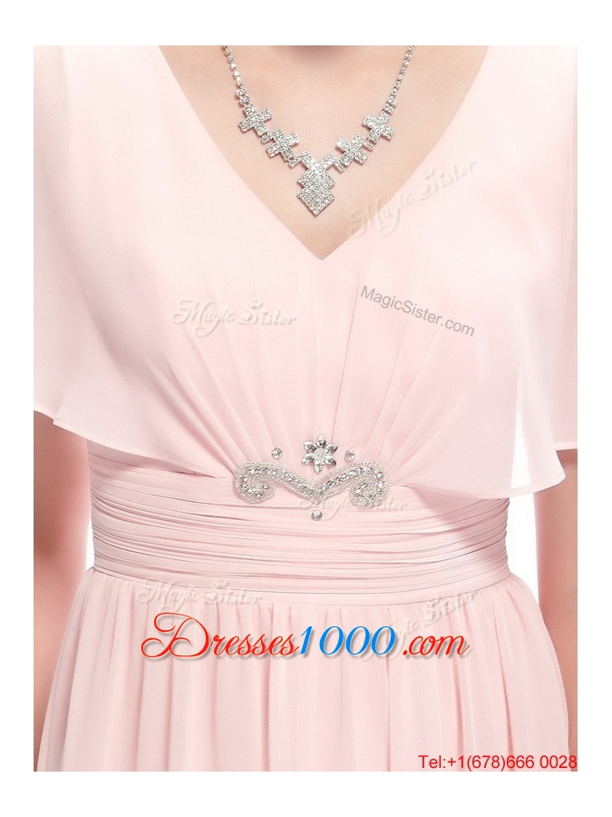 New Style V Neck Beaded Prom Dresses with Short Sleeves