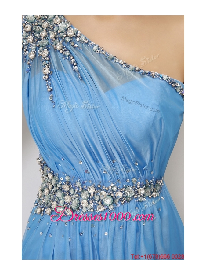 2016 Discount Beaded Baby Blue Prom Dresses with One Shoulder