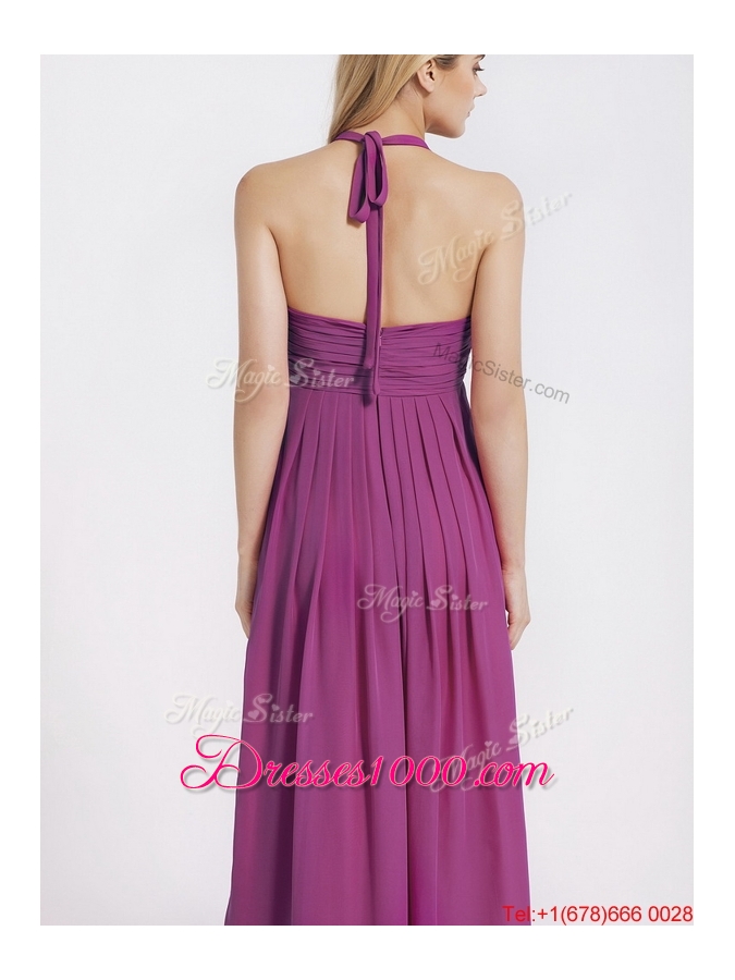 2016 Exquisite Halter Top Fuchsia Prom Dresses with Ruching