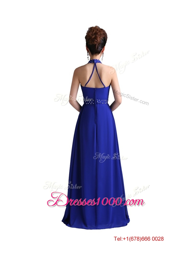 2016 Luxurious Empire Halter Top Prom Dresses with Beading in Royal Blue