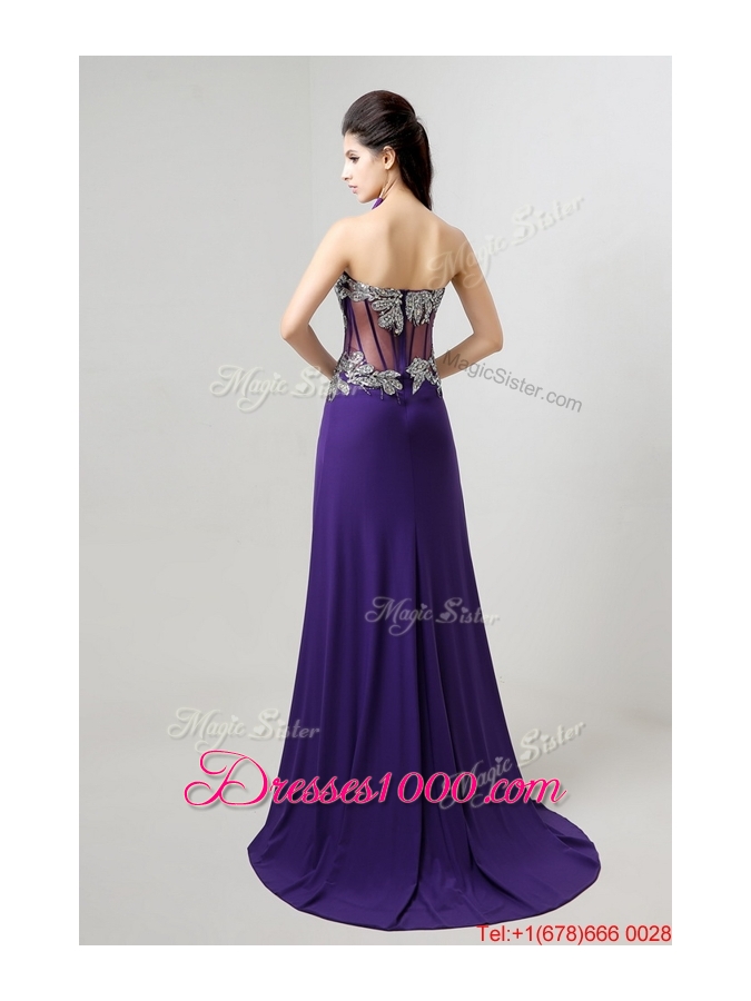 Beautiful Brush Train Prom Dresses with Beading and High Slit