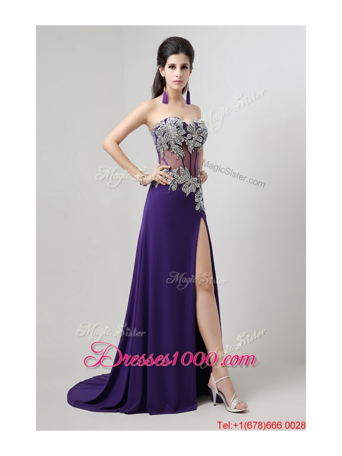 Beautiful Brush Train Prom Dresses with Beading and High Slit