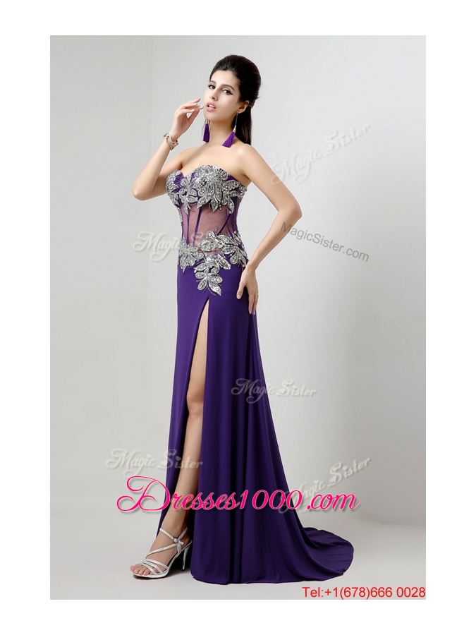 Beautiful Brush Train Prom Dresses with Beading and High Slit