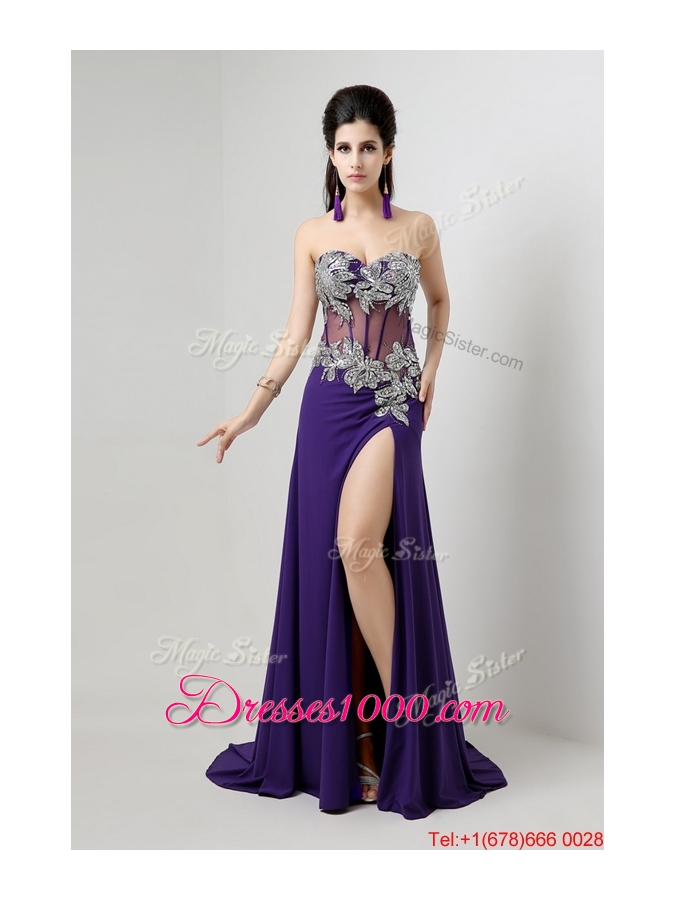 Beautiful Brush Train Prom Dresses with Beading and High Slit