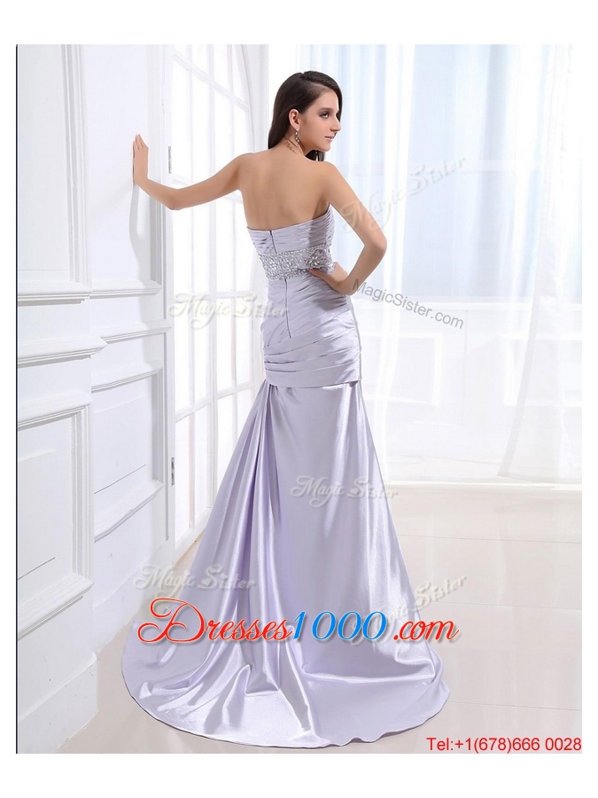 Beautiful Column Elastic Woven Satin Prom Dresses with Beading